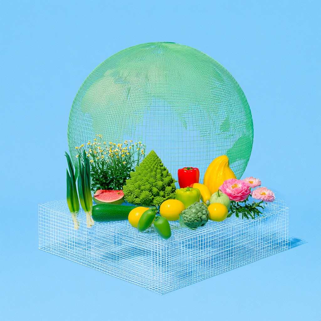 A green wireframe globe surrounded by fresh produce and flowers