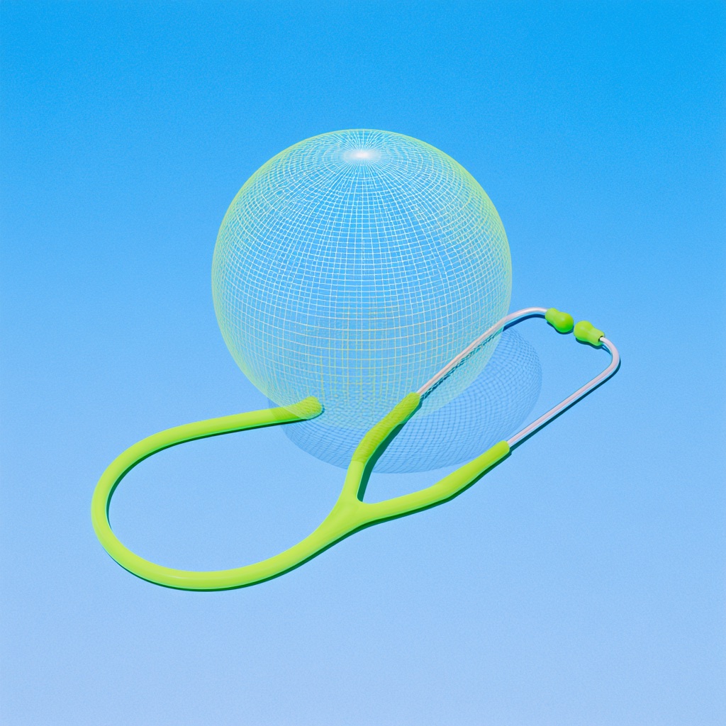 A wireframe globe and a stethoscope — the responsibility we hold to the world